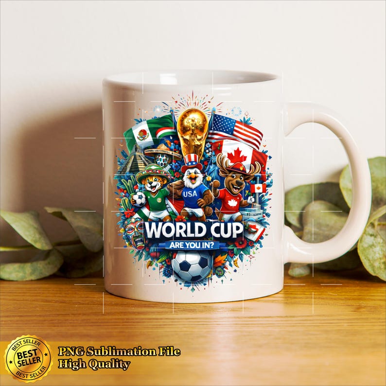 May include: White ceramic mug featuring a colorful design with the text "WORLD CUP ARE YOU IN?". The design includes flags, cartoon characters, and a soccer ball. The mug has a curved handle and is on a wooden surface.