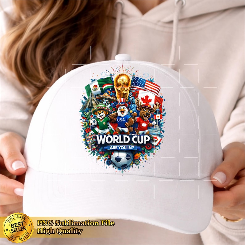 May include: White baseball cap featuring a colorful graphic with the text "WORLD CUP ARE YOU IN?". The design includes flags, cartoon characters, and a soccer ball. The cap also has the text "USA".