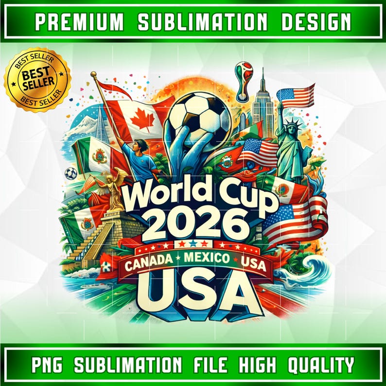 May include: A vibrant graphic design for the 2026 World Cup, featuring a soccer ball held by a hand, flags of Canada, Mexico, and the USA, and iconic landmarks. The design includes the text "World Cup 2026" and "Canada + Mexico + USA".
