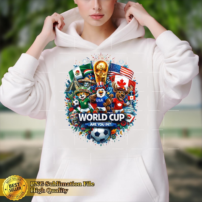 May include: White hoodie with a colorful graphic featuring the text "WORLD CUP ARE YOU IN?". The design includes flags, cartoon mascots, a soccer ball, and a trophy. The hoodie has a drawstring hood and long sleeves.