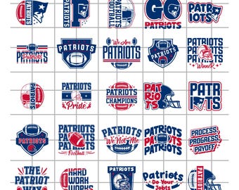 May include: A collection of 25 digital designs featuring the Patriots logo and team-related text. Designs include footballs, helmets, and phrases like "Champions" and "Do Your Jobs." The designs are in red, white, and blue.