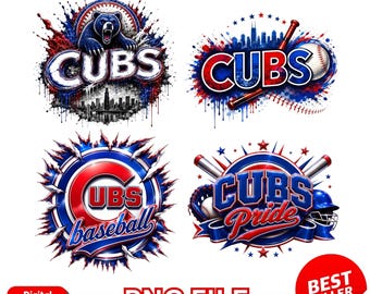 May include: Four digital sublimation designs featuring the word CUBS in red, white, and blue. Graphics include a bear, a baseball, a bat, a catcher's mitt, a helmet, and a city skyline silhouette with paint splatter effects and stars.