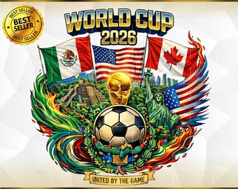 May include: A vibrant graphic design for the 2026 World Cup, featuring flags of Mexico, the United States, and Canada. Includes a soccer ball, the World Cup trophy, and the Statue of Liberty. Text reads "World Cup 2026" and "United by the Game."