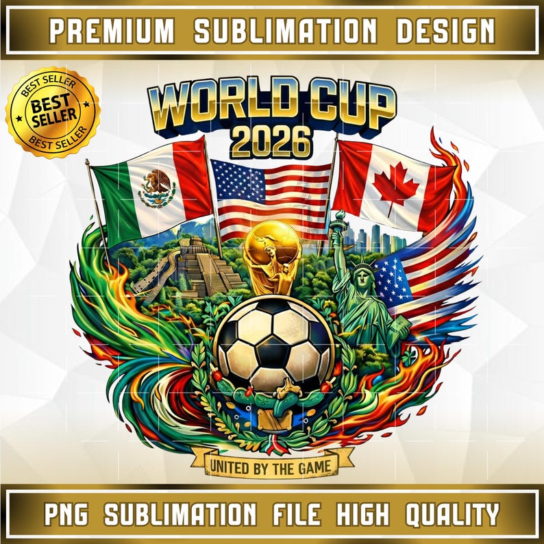 May include: A vibrant graphic design for the 2026 World Cup, featuring flags of Mexico, the United States, and Canada. Includes a soccer ball, the World Cup trophy, and the Statue of Liberty. Text reads "World Cup 2026" and "United by the Game."