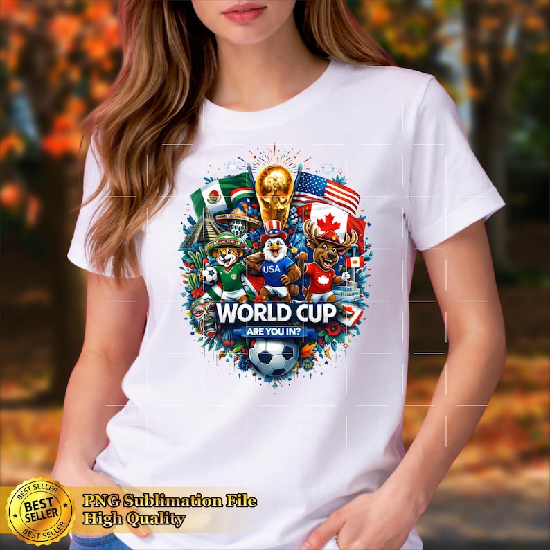 May include: White t-shirt featuring a colorful graphic with the text "WORLD CUP ARE YOU IN?". The design includes cartoon animals, flags, a soccer ball, and a golden trophy. The shirt also has the text "PNG Sublimation File High Quality".