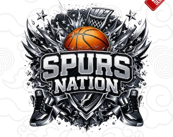 May include: A graphic design featuring a basketball, basketball net, and wings, with the text "SPURS NATION" in silver. The design includes stars and a shield, with a pair of sneakers at the bottom. The words "PREMIUM DESIGN" and "BEST SELLER" are also present.