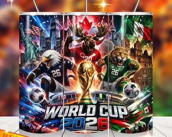 Diseño para vaso con la mascota del Mundial 2026, Estados Unidos, México y Canadá, sublimación PNG (descarga digital)