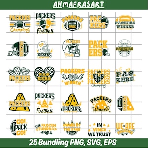 May include: A grid of 25 Green Bay Packers-themed graphics. Designs include footballs, helmets, and cheese wedges, with text like "Packers", "Champions", and "Winner". The text "AHMAFRASART" and "25 Bundling PNG, SVG, EPS" are also visible.