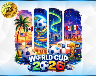 May include: A digital design for sublimation featuring a soccer ball, a palm tree, flags, and a camper. The design includes the text "WORLD CUP 2026" and "PREMIUM SUBLIMATION DESIGN". The image is a PNG sublimation file.