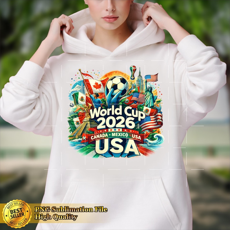 May include: White hoodie featuring a colorful graphic for the 2026 World Cup, with flags of Canada, Mexico, and the USA. The design includes a soccer ball and the text "World Cup 2026" and "USA".