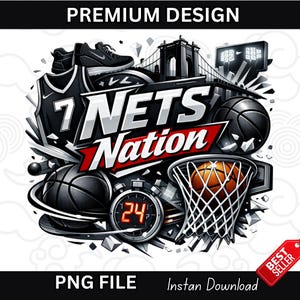Puede incluir: Ilustración digital con elementos de baloncesto. El diseño incluye una camiseta de baloncesto con el número 7, balones de baloncesto, un cronómetro y el texto "NETS Nation". También se representa el puente de Brooklyn. La imagen es en blanco, negro y rojo.