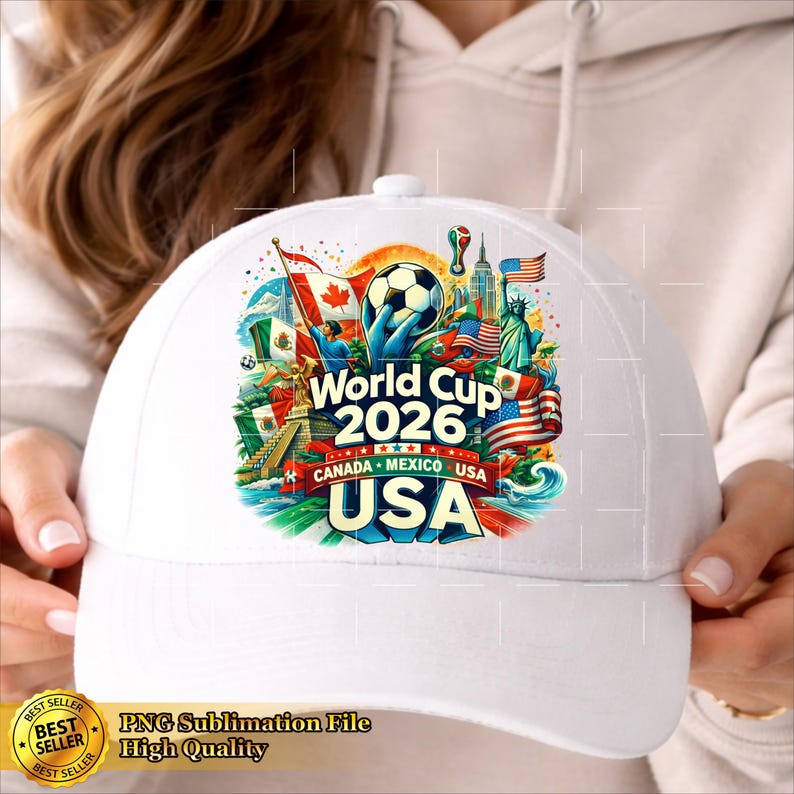 May include: White baseball cap featuring a colorful graphic for the 2026 World Cup, with flags of Canada, Mexico, and the USA. The design includes a soccer ball and the text "World Cup 2026 CANADA MEXICO USA USA".