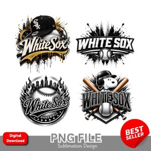 Puede incluir: Cuatro diseños gráficos digitales con el logotipo de los Chicago White Sox, pelotas de béisbol, bates, un horizonte urbano y un perro de dibujos animados con casco. Los diseños incluyen el texto White Sox y Baseball en negro, blanco y dorado.