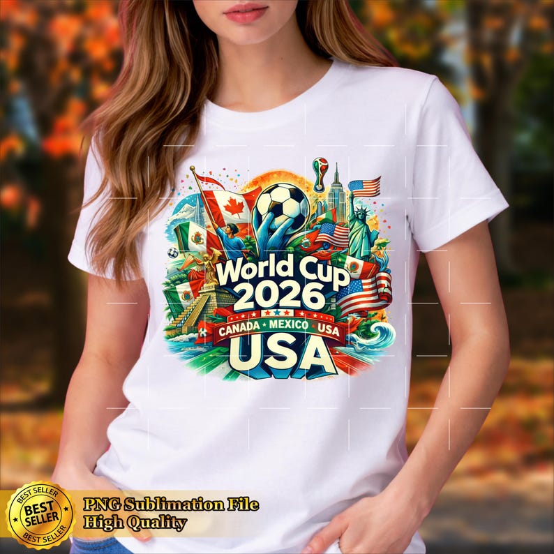 May include: White t-shirt featuring a colorful graphic for the 2026 World Cup, with the text "World Cup 2026" and "Canada Mexico USA". The design includes flags, a soccer ball, and iconic landmarks.