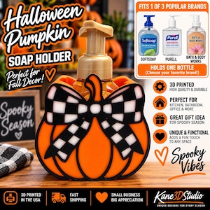May include: A bright orange pumpkin-shaped soap holder featuring a black and white checkered bow on the front. The holder has a gold-colored pump dispenser and is designed to hold a standard soap bottle. The design is flat and graphic in style.