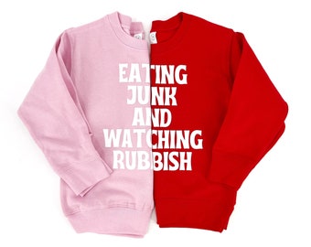 Eating junk and watching rubbish, funny Christmas gift, gifts for kids, red Christmas sweater, pink sweatshirt, retro movies, graphic tee