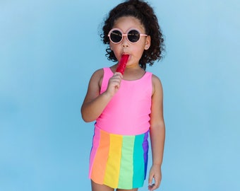 Vintage Rainbow Skirt, Pink Bathing Suit, Swim Safe Colors, Unique Children's Swimwear, Rainbow Swimsuit, Vintage Swim, Retro Inspired,