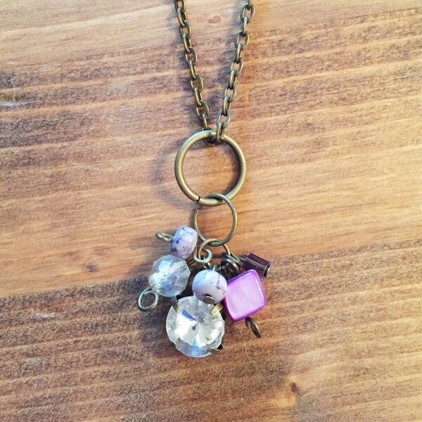 Long Upcycled Charm Necklace with Purple Charms