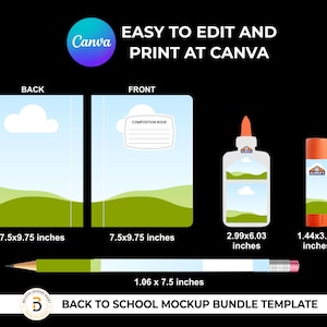 May include: A back-to-school mockup bundle template featuring a composition notebook, glue bottle, glue stick, and pencil. The notebook measures 7.5x9.75 inches. The glue bottle is 2.99x6.03 inches, the glue stick is 1.44x3.57 inches, and the pencil is 1.06 x 7.5 inches.