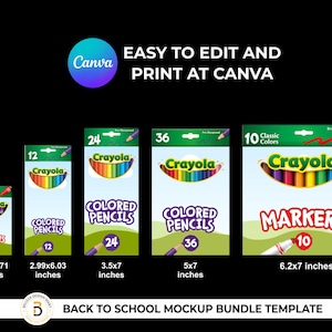 May include: A mockup bundle template featuring Crayola crayons, colored pencils, and markers in various sizes. The packaging displays the Crayola logo and the number of items in each pack. The text "EASY TO EDIT AND PRINT AT CANVA" is also visible.