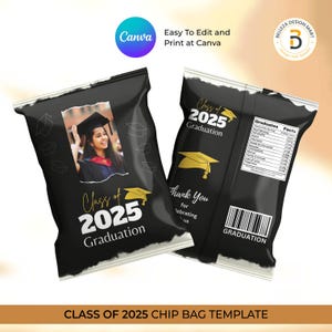 Szablon Canva na torbę z chipsami na ukończenie szkoły, upominek na przyjęcie z okazji ukończenia szkoły, klasa 2025
