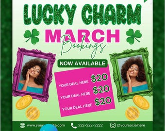 Canva March Booking Editable Flyer, St.Patricks Day Flyer, March Flyer, March Books, March Madness Flyer, Beauty, Lashes, Make up, Nails,