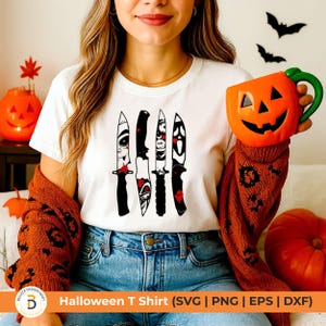 Może przedstawiać: Biała koszulka na Halloween z grafiką pięciu stylizowanych noży z motywami horroru. Koszulka jest częścią kolekcji o tematyce Halloween. Tekst "Halloween T Shirt (SVG | PNG | EPS | DXF)" znajduje się na dole obrazu.