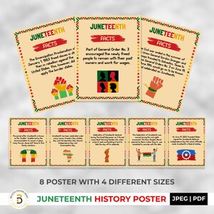 May include: A collection of Juneteenth history posters with facts and information. The posters have a beige background with red and green accents. The text includes "Juneteenth Facts" and historical details about the holiday.