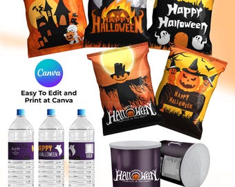 Halloween Party Favor Templates: Chip Bag, Water Bottle, Pringle Can (Digital Download Canva Templates)