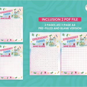 May include: A set of printable financial planning sheets with the text "Emergency Funds Save $3,000". The design includes illustrations of people saving money into a jar. The set includes A5 and A4 size pages.