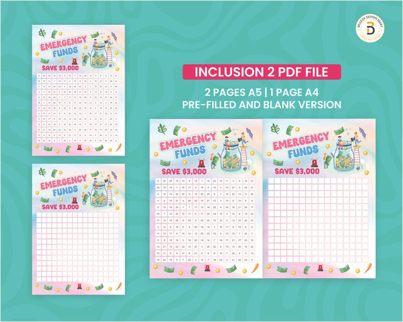 May include: A set of printable financial planning sheets with the text "Emergency Funds Save $3,000". The design includes illustrations of people saving money into a jar. The set includes A5 and A4 size pages.