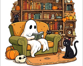 Ghost Reading Book PNG: Halloween Book Lover Design (Digital Download)