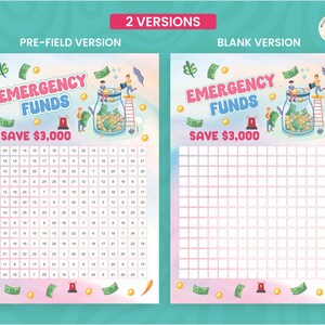 May include: Two versions of a savings tracker with the text "EMERGENCY FUNDS SAVE $3,000". One version is pre-filled with numbers, and the other is blank. The design includes illustrations of money, a jar, and people.