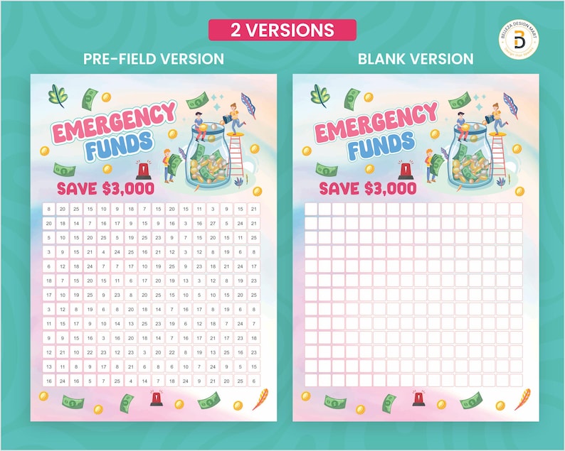 May include: Two versions of a savings tracker with the text "EMERGENCY FUNDS SAVE $3,000". One version is pre-filled with numbers, and the other is blank. The design includes illustrations of money, a jar, and people.