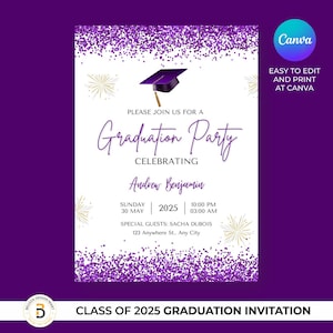 Graduierung Party Einladung, Klasse von 2025 einladen, lila Graduierung Ankündigung, selbst bearbeitbarer digitaler Download, druckbare Abschlusskarte