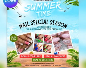 Summer Nail Special Flyer: Nail Tech Promotion Templates (Canva Editable, Digital Download