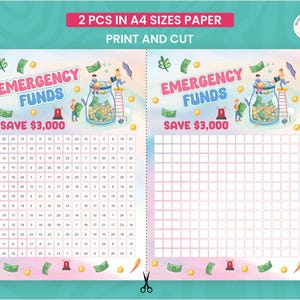 May include: Two A4-sized sheets with a savings tracker design. The sheets feature the text "EMERGENCY FUNDS" and "SAVE $3,000" with illustrations of money and people. The top banner reads "2 PCS IN A4 SIZES PAPER" and "PRINT AND CUT".