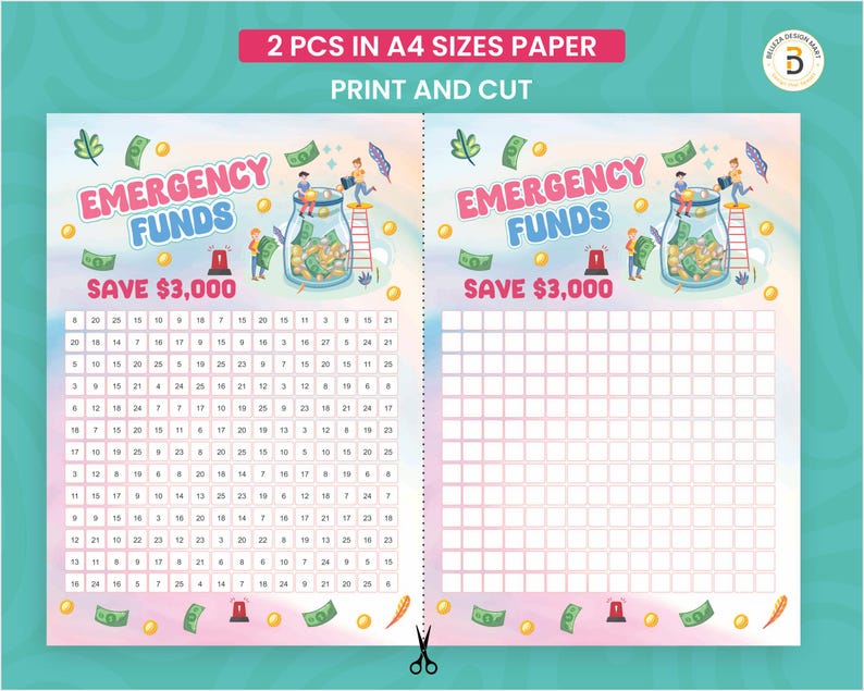 May include: Two A4-sized sheets with a savings tracker design. The sheets feature the text "EMERGENCY FUNDS" and "SAVE $3,000" with illustrations of money and people. The top banner reads "2 PCS IN A4 SIZES PAPER" and "PRINT AND CUT".