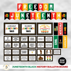 Pode incluir: Um quadro de avisos Juneteenth Black History com as palavras "Freedom" e "Juneteenth" em vermelho, amarelo, verde e preto. O quadro inclui cartões informativos sobre Juneteenth, com o ano de 1865 em destaque.