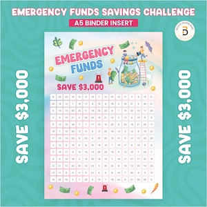 Puede incluir: Inserto de carpeta A5 con el texto "Emergency Funds Savings Challenge" y "Save $3,000". El diseño incluye ilustraciones de dinero y un tarro que se llena de efectivo, con una cuadrícula de números.