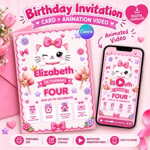 Pode incluir: Um convite de aniversário rosa e um smartphone exibindo uma versão em vídeo animado. O design apresenta um gato branco com um laço rosa, balões, corações e flores. O texto inclui Elizabeth is turning four, data, hora e detalhes do local.