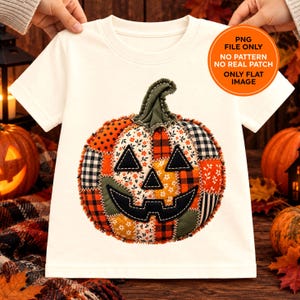 May include: A white short-sleeve t-shirt featuring a central graphic of a jack-o'-lantern made of various fabric-style patches in orange, black, and white patterns. The graphic includes text stating PNG FILE ONLY NO PATTERN NO REAL PATCH ONLY FLAT IMAGE.