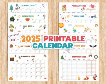 2025 Calendar Printable, Cute Kids Calendar 2025, Wall Calendar PDF, Editable Calendar, Kids Monthly Planner, Homeschool Calendars,