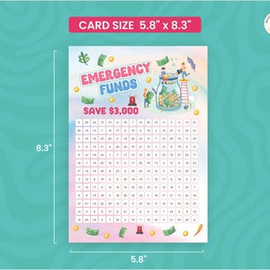 May include: A pink and white savings tracker card with the text "EMERGENCY FUNDS SAVE $3,000". The card measures 5.8 x 8.3 inches and features a grid for tracking savings progress, with illustrations of money and a jar.