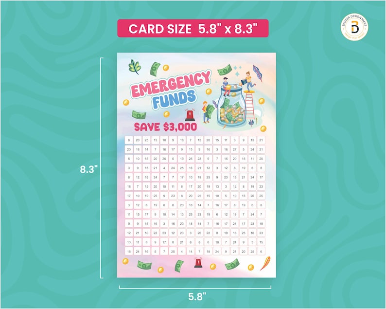 May include: A pink and white savings tracker card with the text "EMERGENCY FUNDS SAVE $3,000". The card measures 5.8 x 8.3 inches and features a grid for tracking savings progress, with illustrations of money and a jar.
