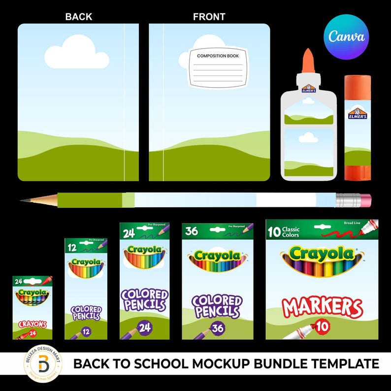 May include: A back-to-school mockup bundle featuring a composition book, glue, a glue stick, pencils, and Crayola crayons and colored pencils in various quantities. The background has a sky and green landscape design. The text "BACK TO SCHOOL MOCKUP BUNDLE TEMPLATE" is at the bottom.