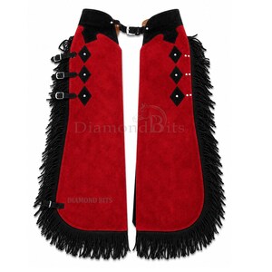 Handgjorda cowgirlchaps för kvinnor | Byxor i äkta hjortskinnsmocka | Western Rodeo-chaps med fransar, cowboychaps med röda fransar, ridchaps