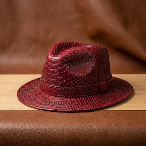 Red Python-Print Leather Fedora Hat, Gothic Western Style, Concert Festival Accessory