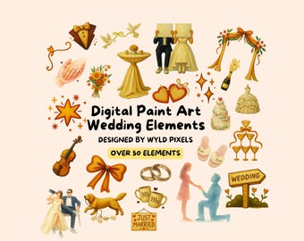 Whimsical Wedding Digital Painted PNG Elements For Invitations, Menu, Bridal Invites