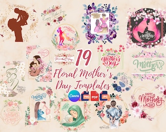 19 Custom Mother's Day Floral Wreath Watercolor Clipart Bundle | Editable Canva Templates Digital Download